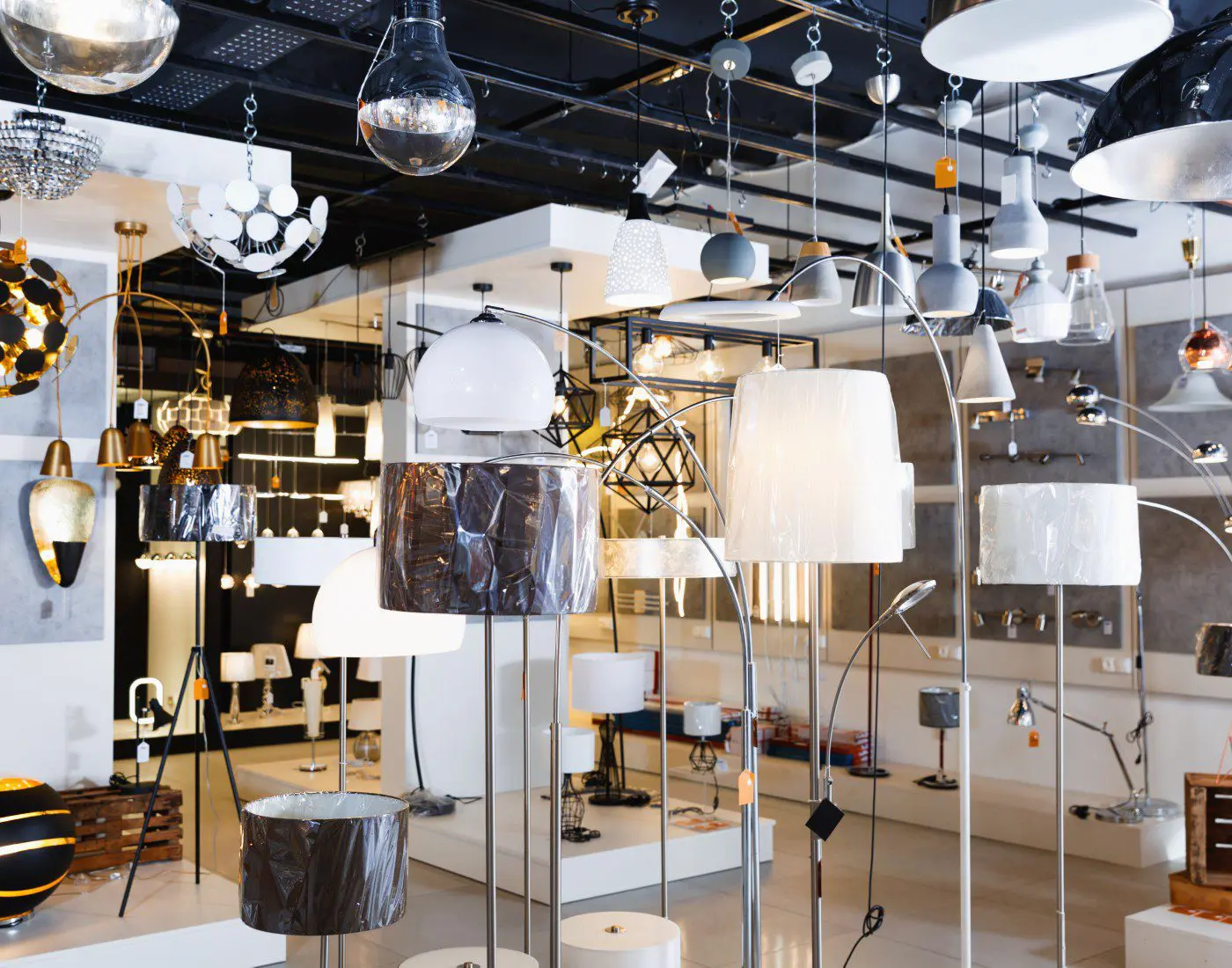Variety of modern lamps in a showroom.