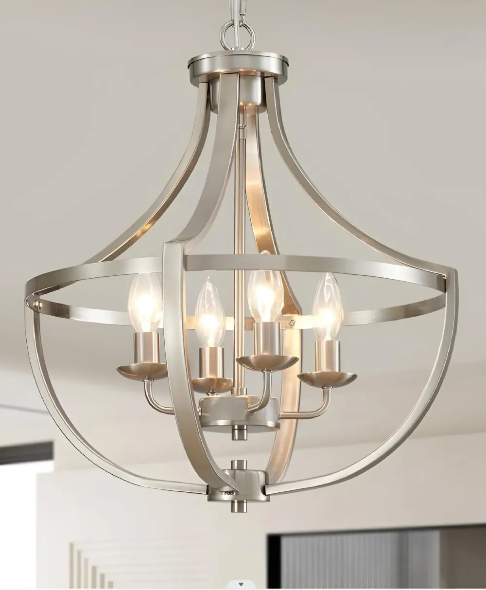 Modern silver chandelier with exposed bulbs.