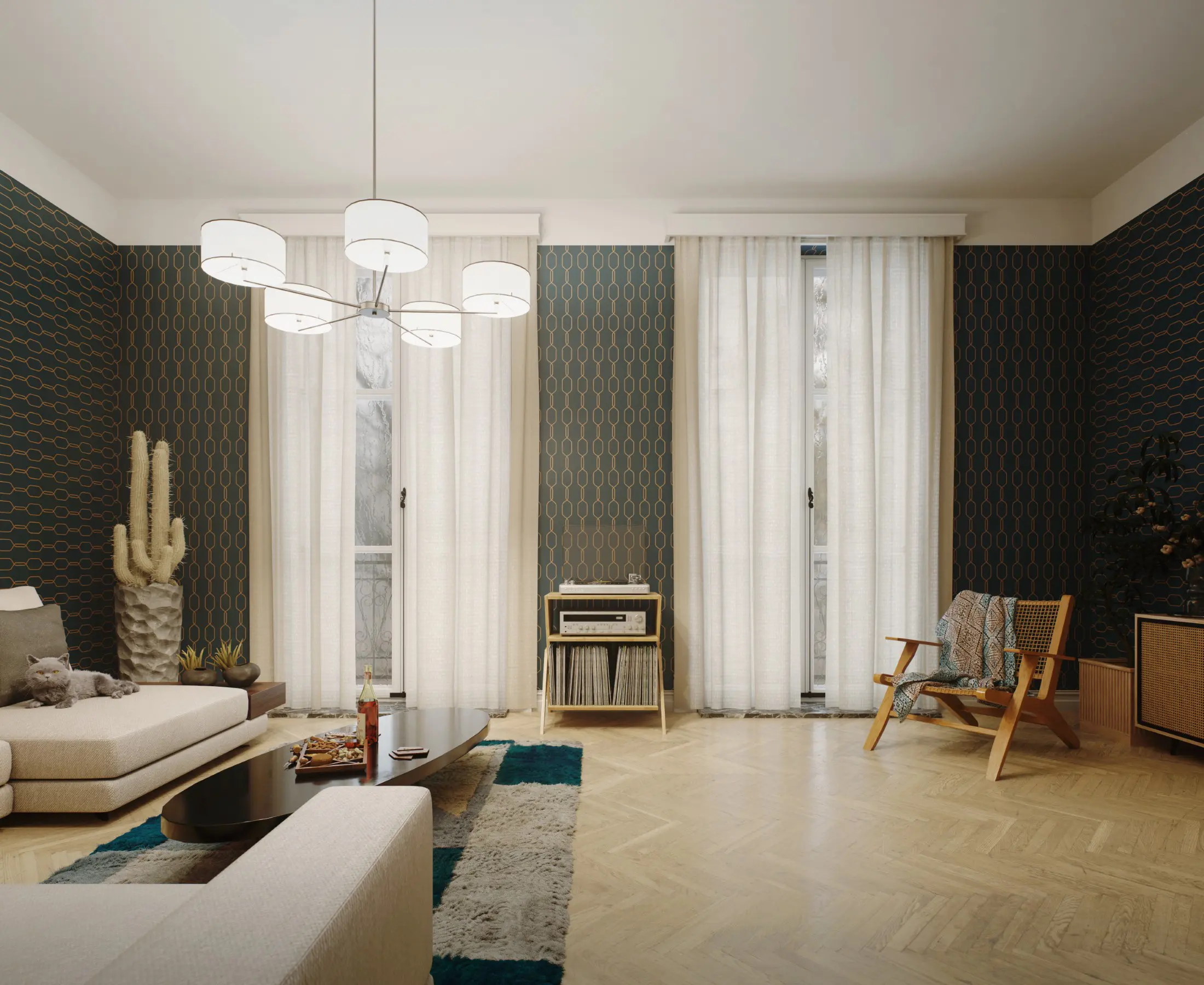 Modern living room with stylish decor and lighting.
