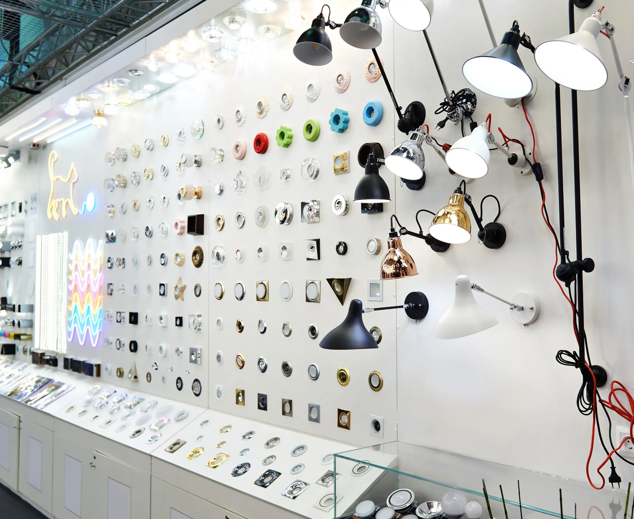 Lighting fixtures and switches display in store.