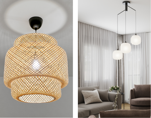 Woven and modern pendant lights in room.
