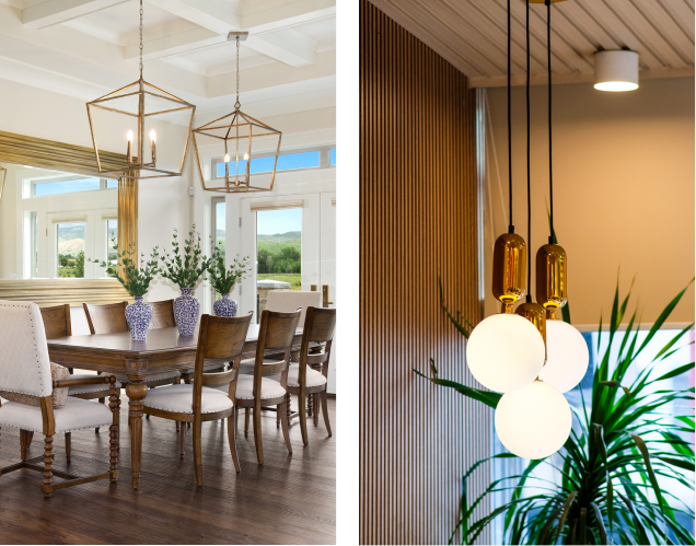 Dining room with pendant lighting and plants.